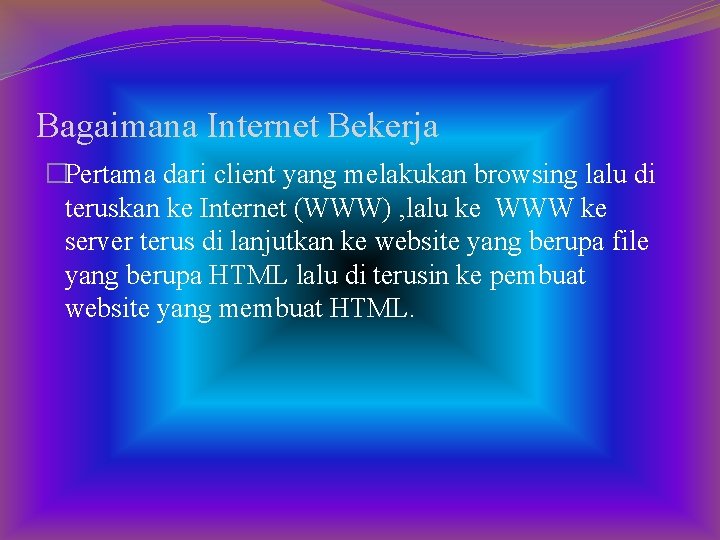 Bagaimana Internet Bekerja �Pertama dari client yang melakukan browsing lalu di teruskan ke Internet