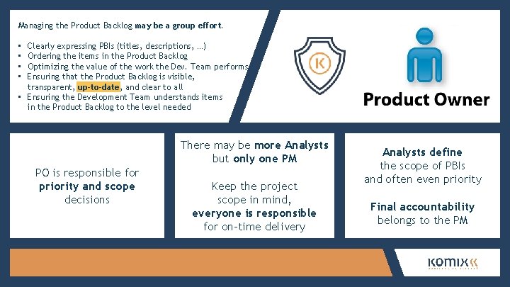 Managing the Product Backlog may be a group effort. • • Clearly expressing PBIs