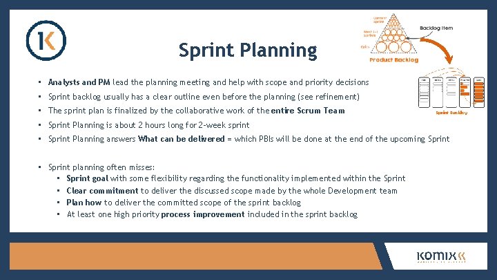 Sprint Planning • Analysts and PM lead the planning meeting and help with scope