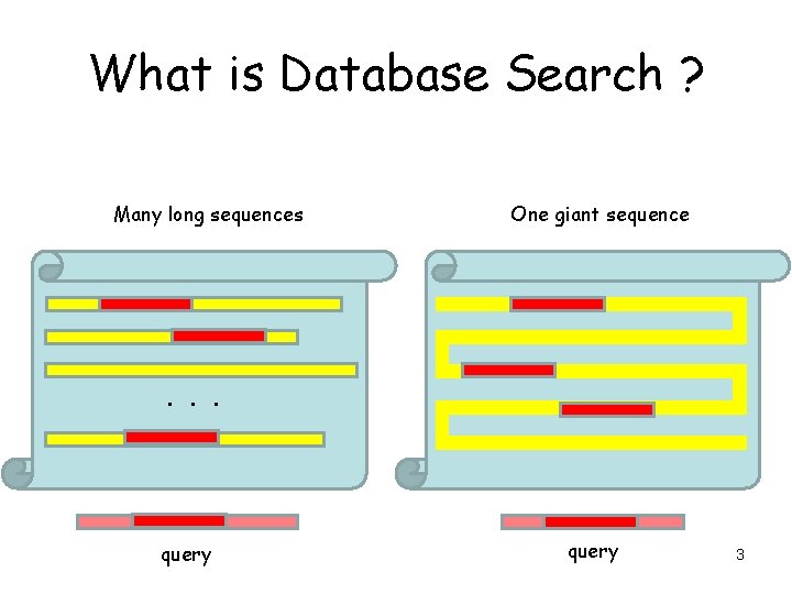 What is Database Search ? Many long sequences One giant sequence . . .