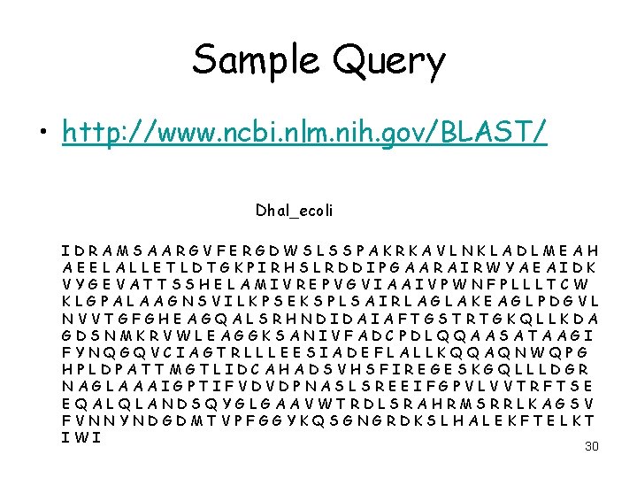 Sample Query • http: //www. ncbi. nlm. nih. gov/BLAST/ Dhal_ecoli IDRAMSAARGVFERGDWSLSSPAKRKAVLNKLADLMEAH AEELALLETLDTGKPIRHSLRDDIPGAARAIRWYAEAIDK VYGEVATTSSHELAMIVREPVGVIAAIVPWNFPLLLTCW KLGPALAAGNSVILKPSEKSPLSAIRLAGLAKEAGLPDGVL