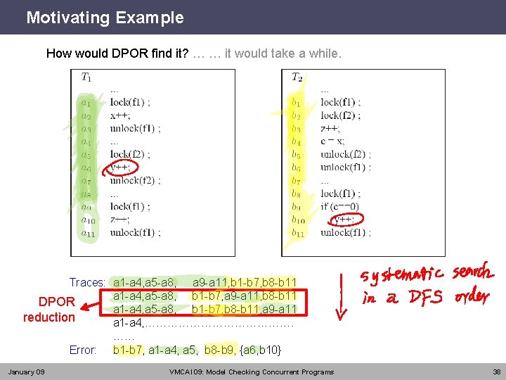 Motivating Example How would DPOR find it? … … it would take a while.