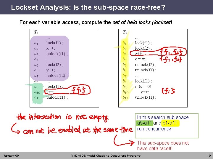 Lockset Analysis: Is the sub-space race-free? For each variable access, compute the set of