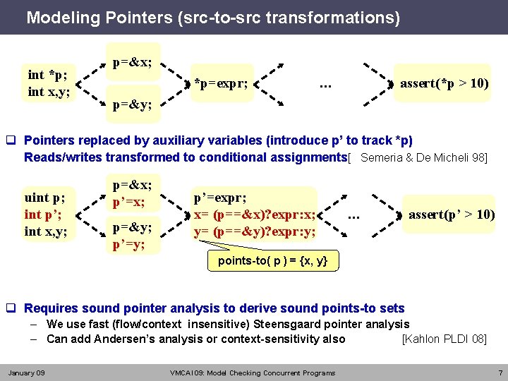 Modeling Pointers (src-to-src transformations) int *p; int x, y; p=&x; *p=expr; … assert(*p >