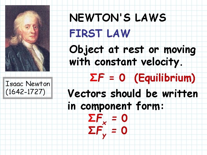 NEWTON'S LAWS FIRST LAW Object at rest or moving with constant velocity. Isaac Newton