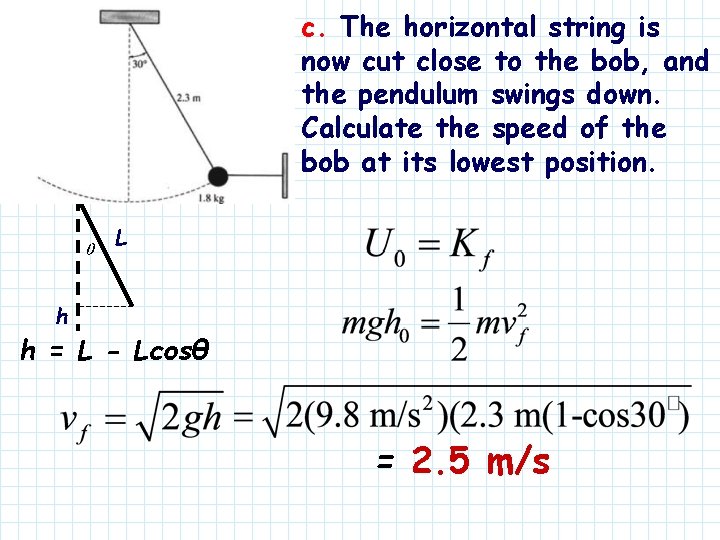 c. The horizontal string is now cut close to the bob, and the pendulum