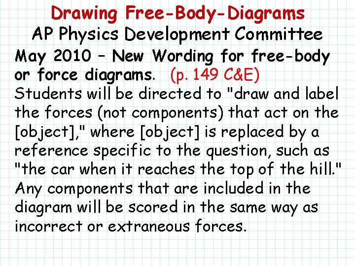 Drawing Free-Body-Diagrams AP Physics Development Committee May 2010 – New Wording for free-body or