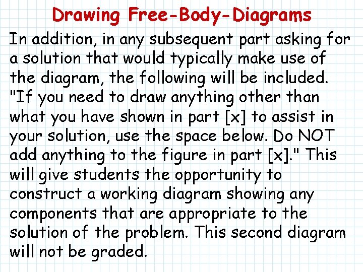Drawing Free-Body-Diagrams In addition, in any subsequent part asking for a solution that would