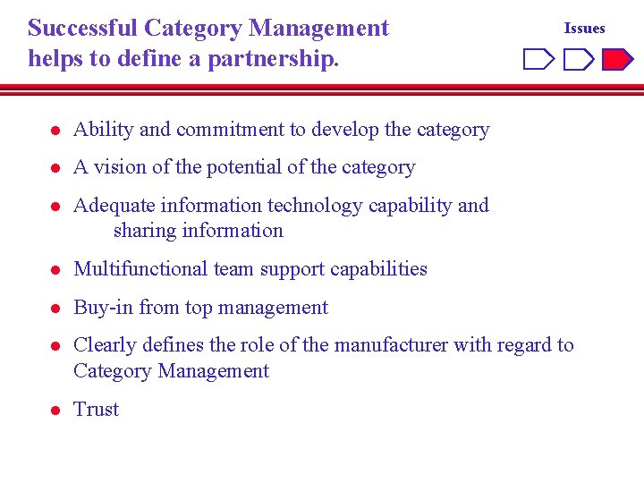 Successful Category Management helps to define a partnership. Issues l Ability and commitment to