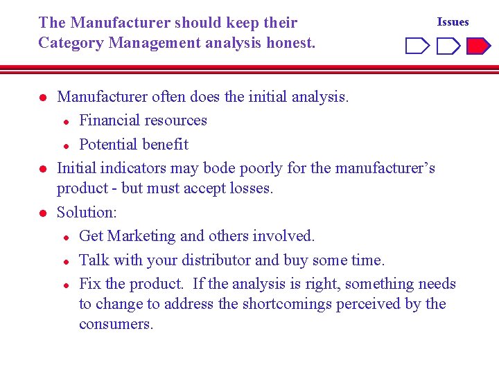 The Manufacturer should keep their Category Management analysis honest. l l l Issues Manufacturer