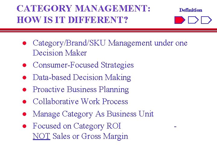 CATEGORY MANAGEMENT: HOW IS IT DIFFERENT? l l l l Definition Category/Brand/SKU Management under