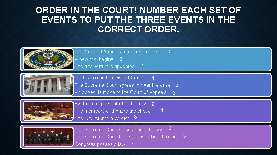 ORDER IN THE COURT! NUMBER EACH SET OF EVENTS TO PUT THE THREE EVENTS