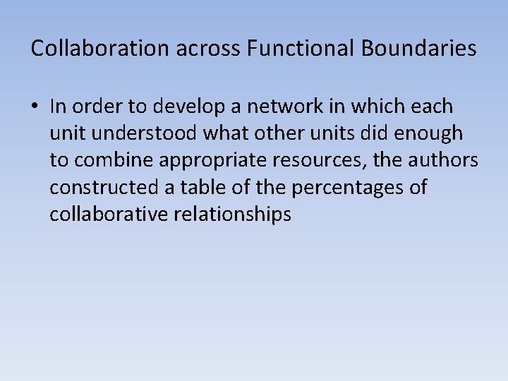 Collaboration across Functional Boundaries • In order to develop a network in which each