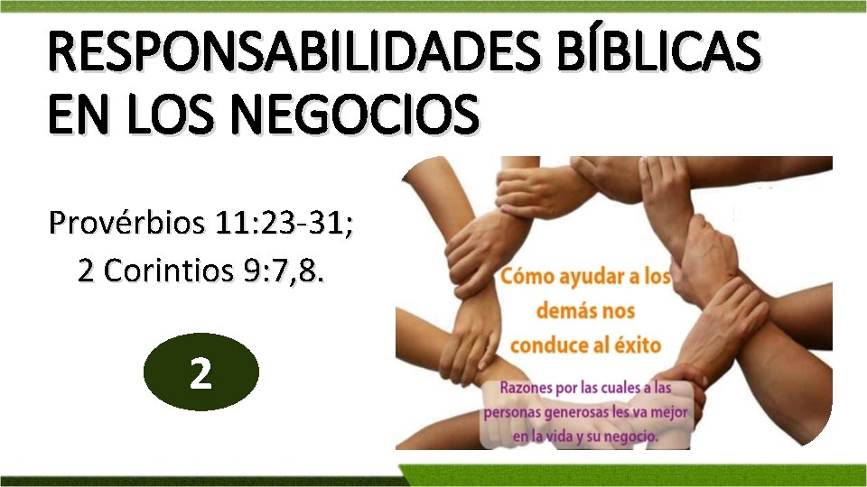 RESPONSABILIDADES BÍBLICAS EN LOS NEGOCIOS Provérbios 11: 23 -31; 2 Corintios 9: 7, 8.