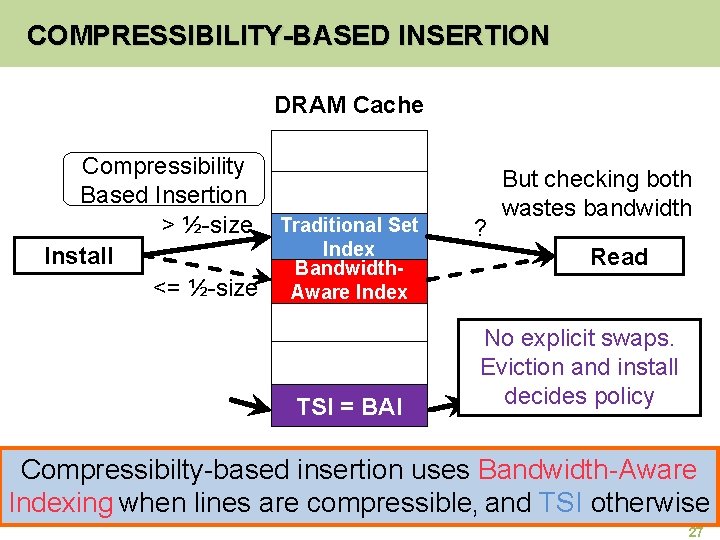 COMPRESSIBILITY-BASED INSERTION DRAM Cache Compressibility Based Insertion > ½-size Traditional Set Index Install Bandwidth<=