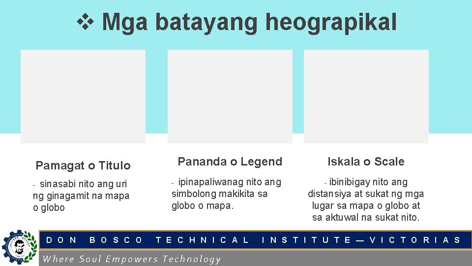 v Mga batayang heograpikal Pananda o Legend Pamagat o Titulo sinasabi nito ang uri