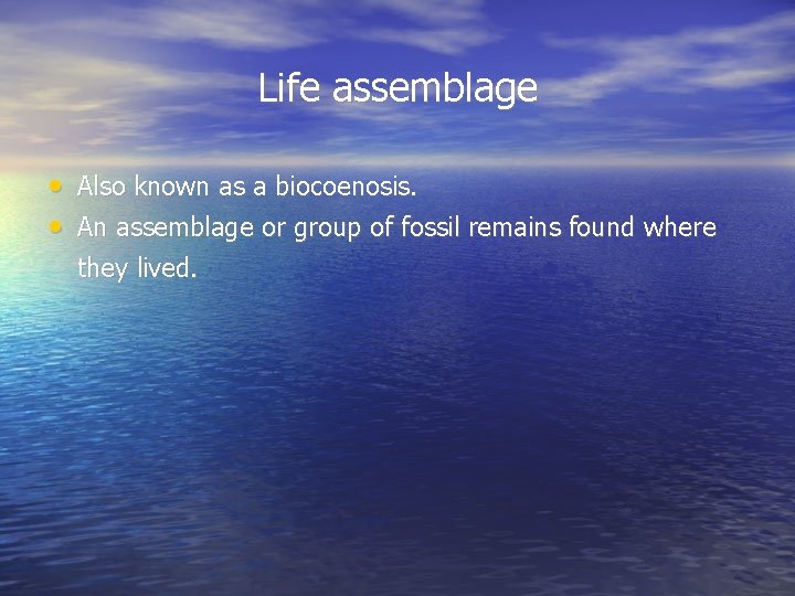 Life assemblage • Also known as a biocoenosis. • An assemblage or group of