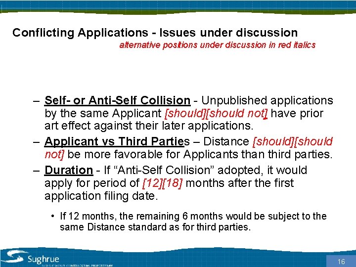 CONFLICTING APPLICATIONS Conflicting Applications - Issues under discussion alternative positions under discussion in red