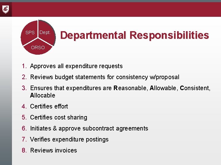 SPS Dept. Departmental Responsibilities ORSO 1. Approves all expenditure requests 2. Reviews budget statements