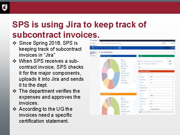 SPS is using Jira to keep track of subcontract invoices. v Since Spring 2018,