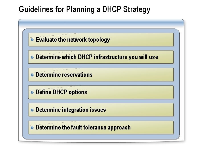 Guidelines for Planning a DHCP Strategy Evaluate the network topology Determine which DHCP infrastructure