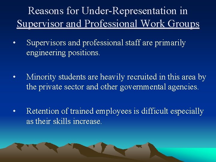 Reasons for Under-Representation in Supervisor and Professional Work Groups • Supervisors and professional staff