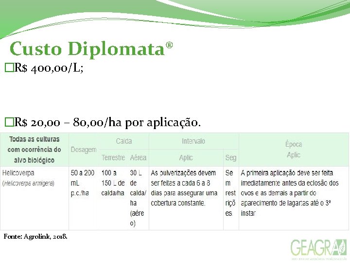  Custo Diplomata® �R$ 400, 00/L; �R$ 20, 00 – 80, 00/ha por aplicação.