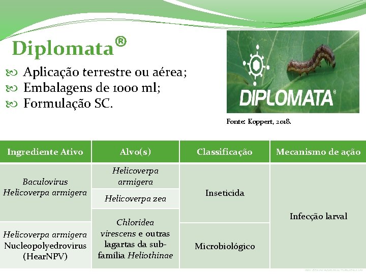  Diplomata® Aplicação terrestre ou aérea; Embalagens de 1000 ml; Formulação SC. Fonte: Koppert,