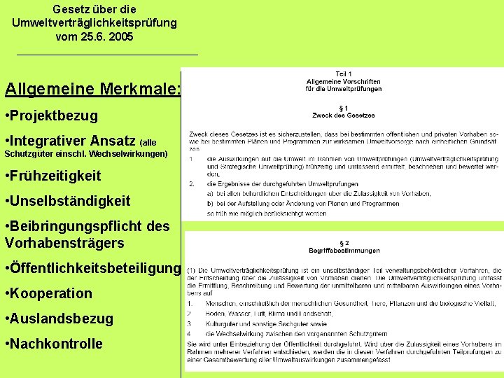 Gesetz über die Umweltverträglichkeitsprüfung vom 25. 6. 2005 Allgemeine Merkmale: • Projektbezug • Integrativer