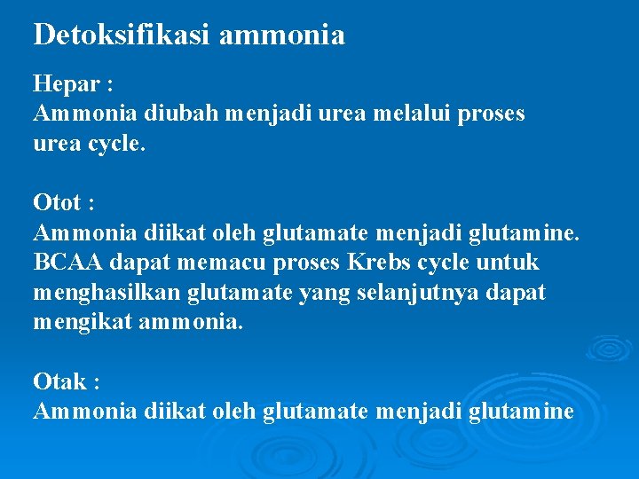 Detoksifikasi ammonia Hepar : Ammonia diubah menjadi urea melalui proses urea cycle. Otot :