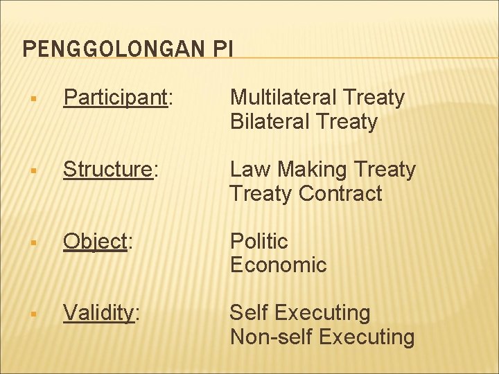 PENGGOLONGAN PI § Participant: Multilateral Treaty Bilateral Treaty § Structure: Law Making Treaty Contract