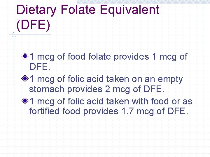 Dietary Folate Equivalent (DFE) 1 mcg of food folate provides 1 mcg of DFE.