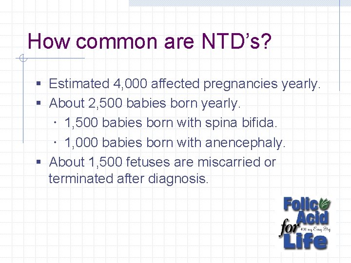 How common are NTD’s? § Estimated 4, 000 affected pregnancies yearly. § About 2,