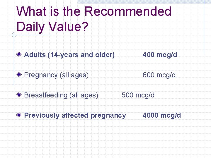 What is the Recommended Daily Value? Adults (14 -years and older) 400 mcg/d Pregnancy