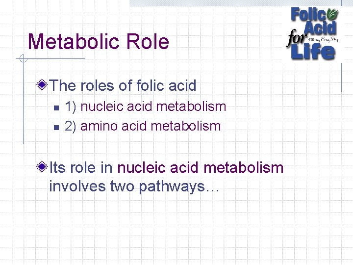 Metabolic Role The roles of folic acid n n 1) nucleic acid metabolism 2)