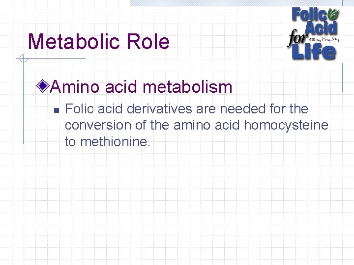 Metabolic Role Amino acid metabolism n Folic acid derivatives are needed for the conversion