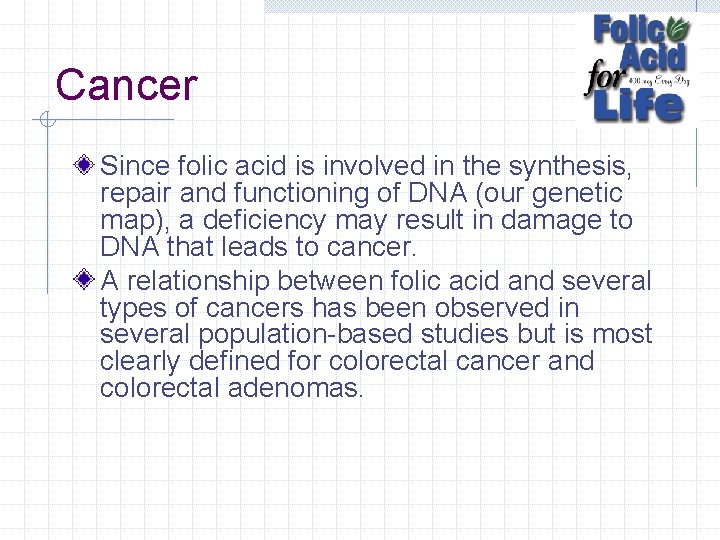 Cancer Since folic acid is involved in the synthesis, repair and functioning of DNA