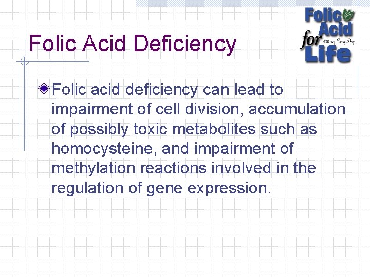 Folic Acid Deficiency Folic acid deficiency can lead to impairment of cell division, accumulation