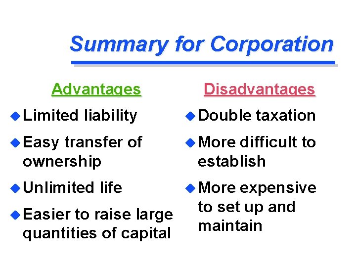 Summary for Corporation Advantages u Limited liability u Easy transfer of ownership u Unlimited