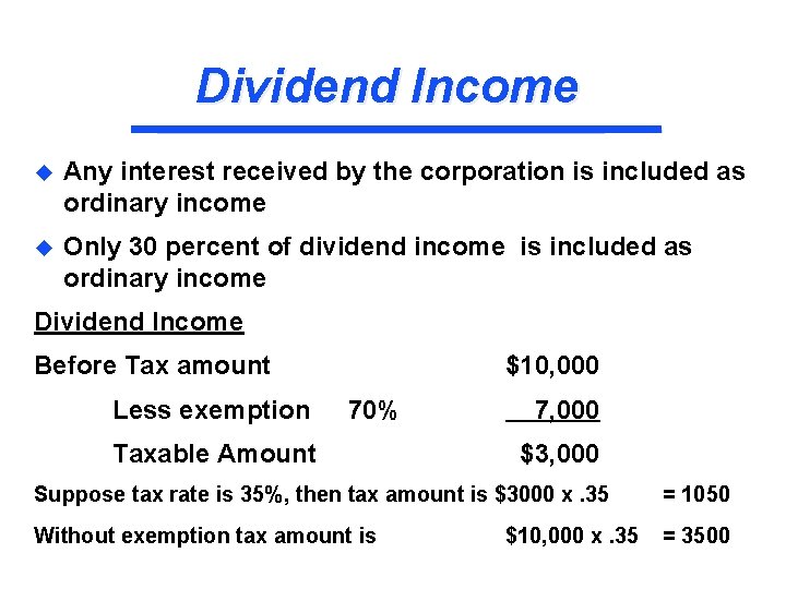 Dividend Income u Any interest received by the corporation is included as ordinary income