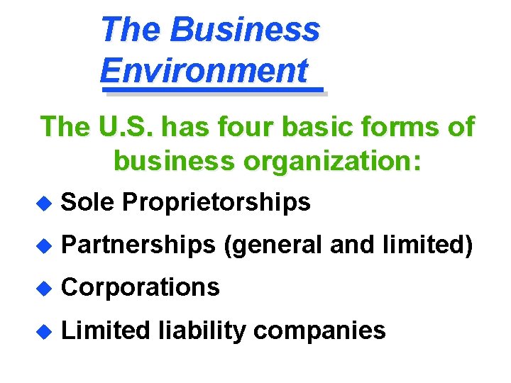 The Business Environment The U. S. has four basic forms of business organization: u