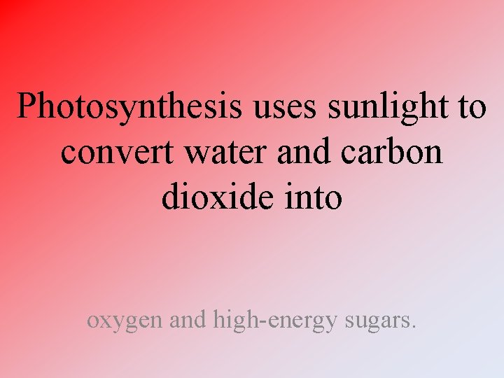 Photosynthesis uses sunlight to convert water and carbon dioxide into oxygen and high-energy sugars. Photosynthesis uses sunlight to convert water and carbon dioxide into oxygen and high-energy sugars.