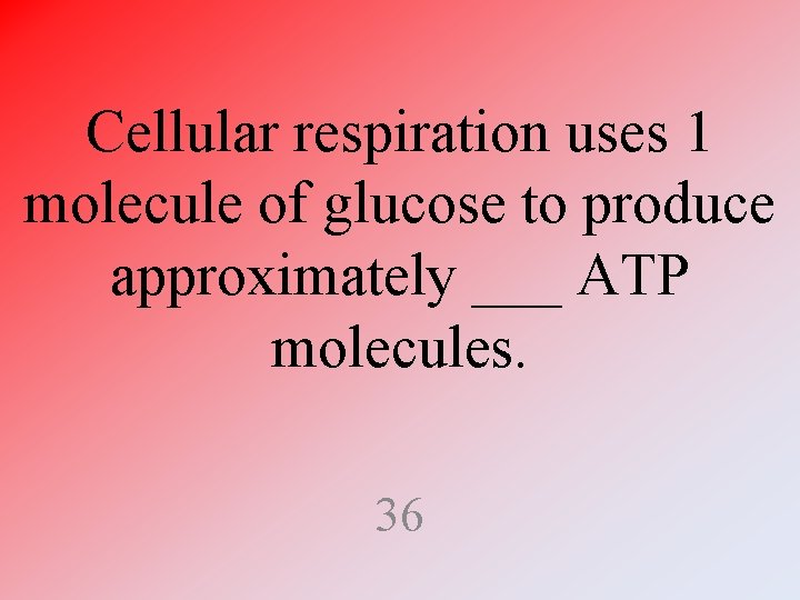 Cellular respiration uses 1 molecule of glucose to produce approximately ___ ATP molecules. 36