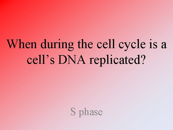 When during the cell cycle is a cell’s DNA replicated? S phase 