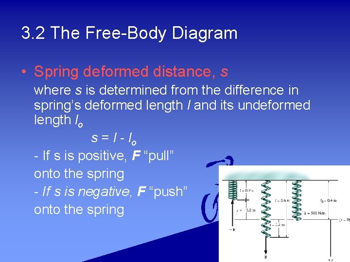 3. 2 The Free-Body Diagram • Spring deformed distance, s where s is determined