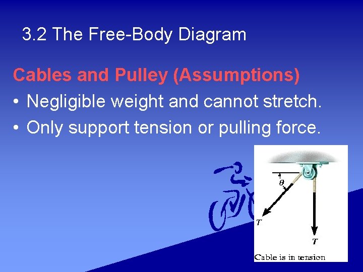 3. 2 The Free-Body Diagram Cables and Pulley (Assumptions) • Negligible weight and cannot