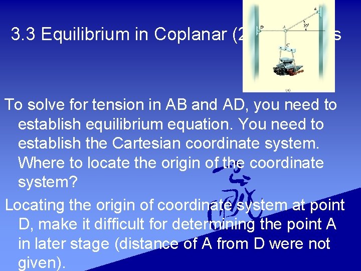 3. 3 Equilibrium in Coplanar (2 D) Systems To solve for tension in AB