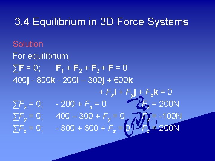 3. 4 Equilibrium in 3 D Force Systems Solution For equilibrium, ∑F = 0;