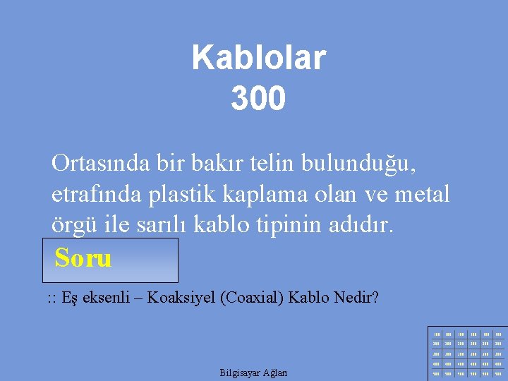 Kablolar 300 Ortasında bir bakır telin bulunduğu, etrafında plastik kaplama olan ve metal örgü