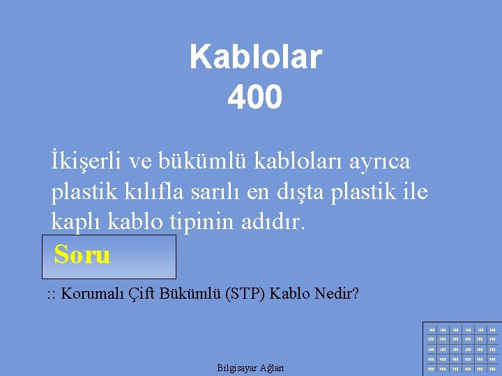 Kablolar 400 İkişerli ve bükümlü kabloları ayrıca plastik kılıfla sarılı en dışta plastik ile